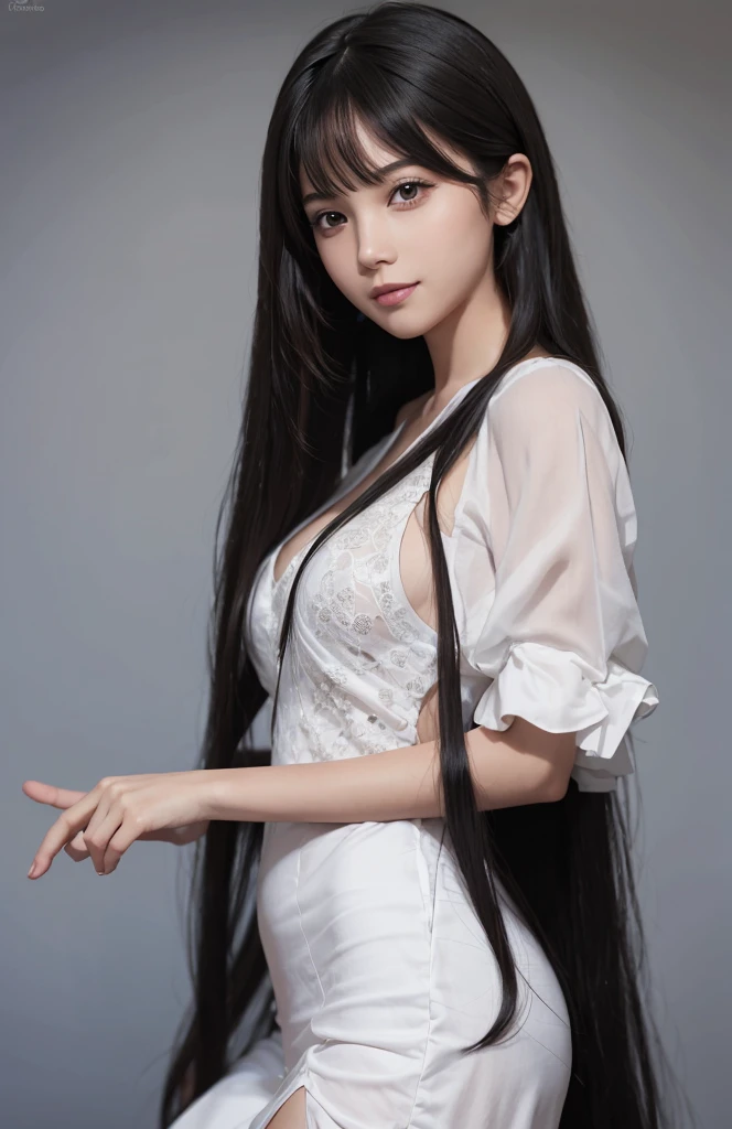 (Ultra-realistic), (figure), (Increased resolution), (8K), (Very detailed), (Best figure), (Beautiful and detailed), (Highest quality), (Super detailed), (masterpiece ), ( wallpaper), (Detailed face), alone, 1 Girl, View your viewers, Fine details, Detailed face, In the Dark, Deep Shadow, Modest, Pure Erotic Face Ace_v1, smile, Long Hair, Black shawl straight hair 46 point diagonal bangs