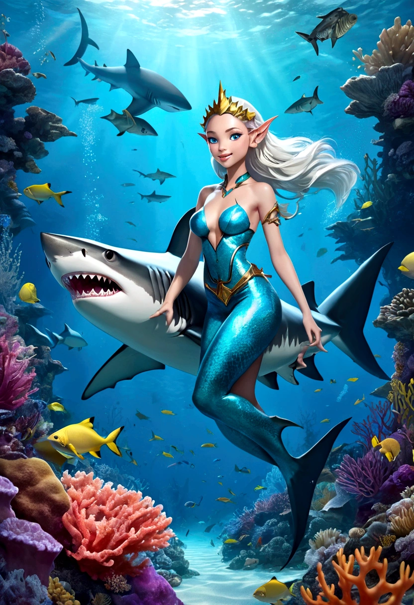 Fantasy Undersea，Shark elf girl has a shark-like appearance，blue eyes，Sharp fangs，Squamous skin, Shark fin feature on back，Beautiful back，View from behind,，Floating in seaweed underwater fantasy scene, coral, And tropical fish, Detailed and realistic 3D rendering, light, Bright colors, Concept art style