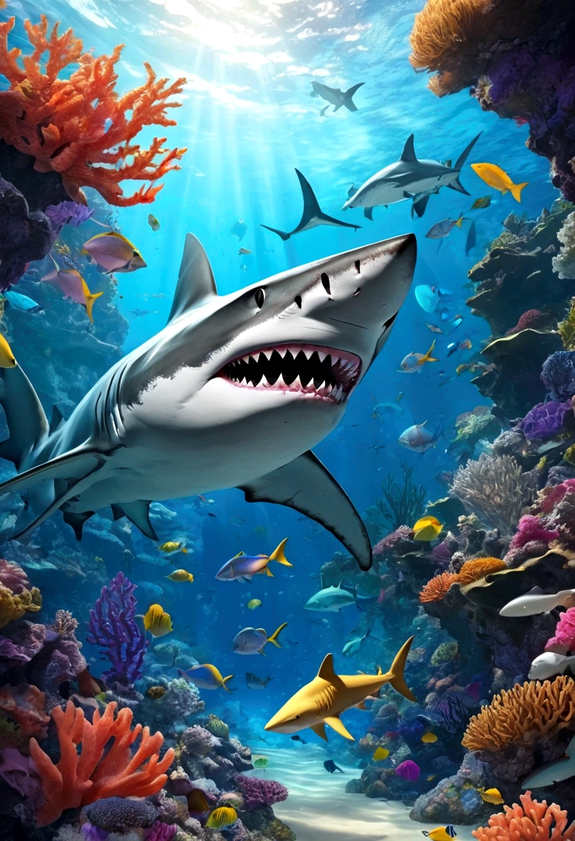 Fantasy Undersea,Shark elf girl has a shark-like appearance,blue eyes,Sharp fangs,Squamous skin, Shark fin feature on back,Beautiful back,View from behind,,Floating in seaweed underwater fantasy scene, coral, And tropical fish, Detailed and realistic 3D rendering, light, Bright colors, Concept art style