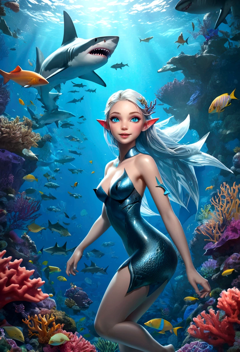 Fantasy Undersea,Shark elf girl has a shark-like appearance,blue eyes,Sharp fangs,Squamous skin, Shark fin feature on back,Beautiful back,View from behind,,Floating in seaweed underwater fantasy scene, coral, And tropical fish, Detailed and realistic 3D rendering, light, Bright colors, Concept art style