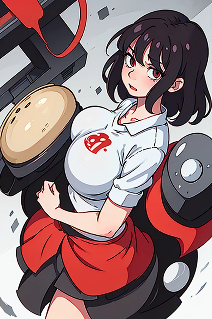 a cartoon of a woman, thick, (sfw) In a room, she has a round and fat belly, with big breasts, thick build, Oppai proportions, , sona is slim, oc commission, Oppai, breasts big!!, breasts big!, body swelling about to explode, huge boobies, muscular and strong body, Black and white clothing, with red details, short cut hair, red and black hair, with more black and only red in details. Seductive and angry expression, without being intimidated
