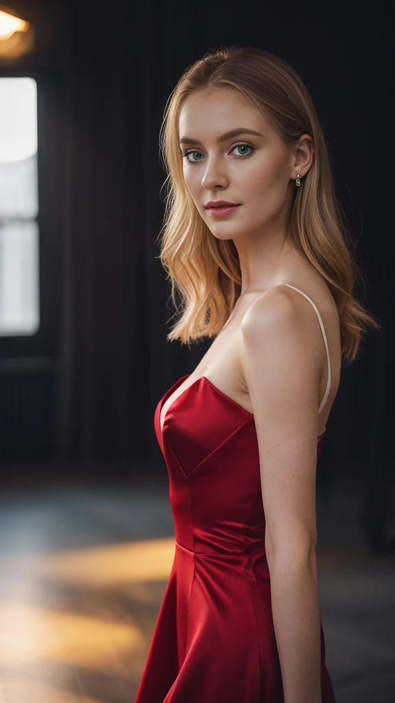 an icelandic woman with beautiful Delicate eyes, Beautiful and delicate lips, Extremely detailed face and skin, Pale skin, 23 years old, Wearing a red one-shoulder silk dress, high heels, medium long shot, dancing in the dance hall, beautiful lights, sexy figure, long legs, full body portrait. Beautiful photography,Long eyelashes, Good anatomy , Practical skin texture, Delicate eyes, professional, 4K, Wide-angle lens, Optical Depth of Field, Kodak Vision Color, Perfectly proportioned body, Extremely detailed, ultra-photoPractical, Practical, Post-Processing, Maximum details, Roughness, real life, ultra -Practical, Photorealism, photography, 8K Ultra HD, photography