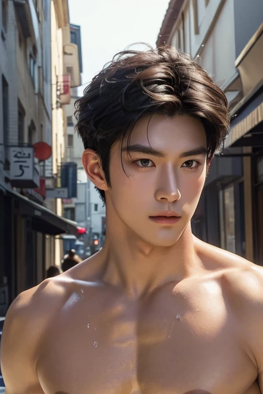 ((High quality)), ((masterpiece)), ((highly detailed)), perfect face, realistic, ((man)), ((Asian)), black hair, comma hair style, ((shirtless)), street, ((handsome)), detailed eyes, beautiful detailed nose, realistic body, realistic light, comfortable exprssions, cute guy, sweat guy, cool guy, mascular body, naked full body pic,