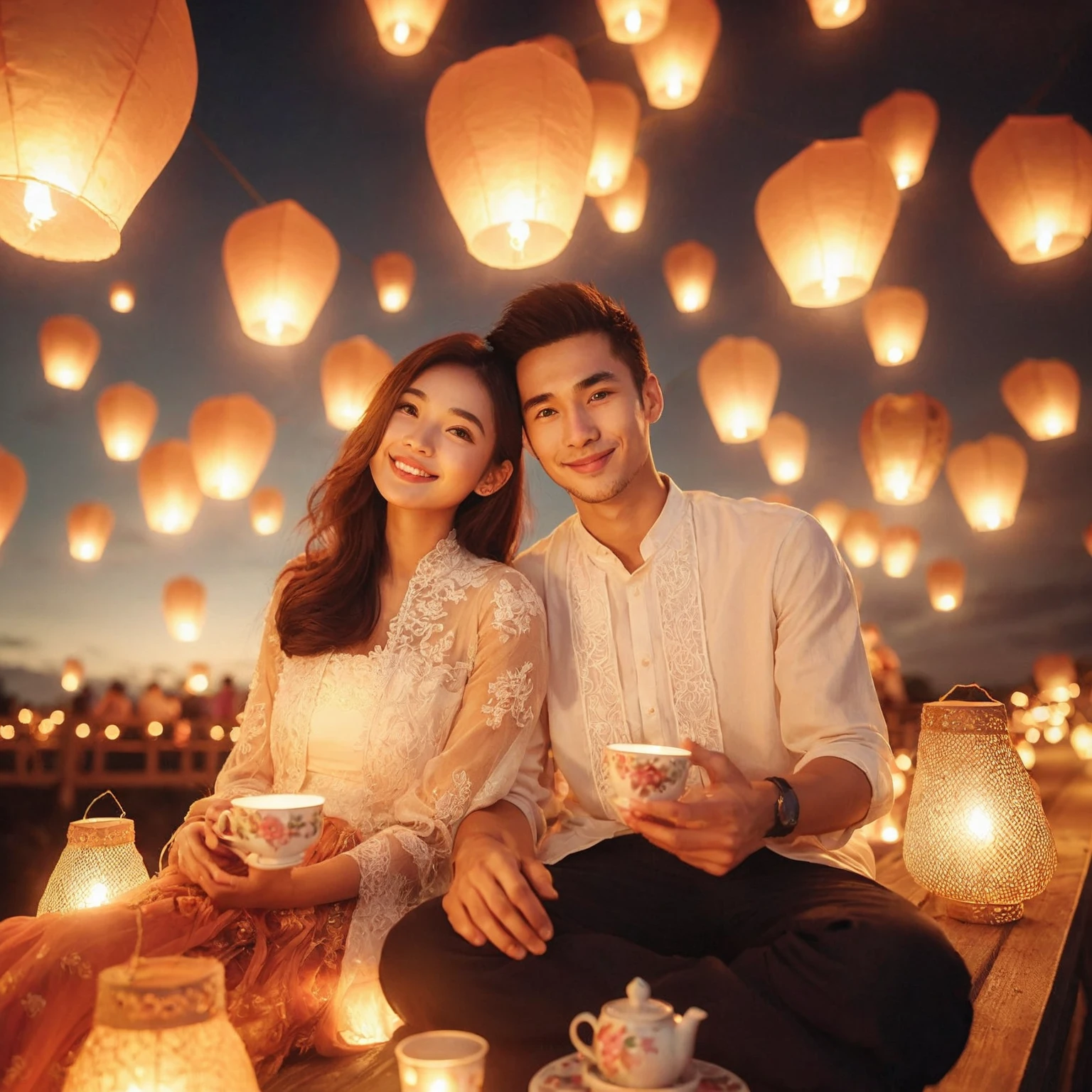 Indonesian couple sitting on a railing with lanterns in the air, gaze at the camera, they are happy and smilling, romantic lighting, very magical and dreamy, dreamy and romantic, romantic light, with paper lanterns, floating lanterns, floating lights, enchanting lighting, romantic themed, stunning photoshot, hanging lanterns, glowing lanterns, romantic couple, glowing paper lanterns, magical lighting, tea drinking and paper lanterns