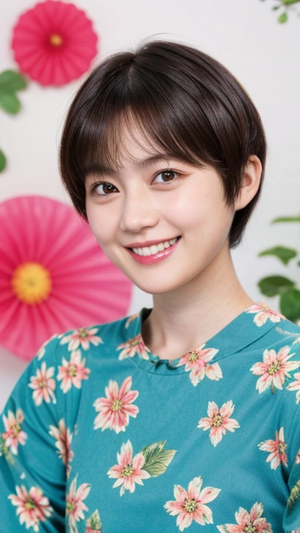 215 Short Hair, 20-year-old woman, A kind smile, Floral