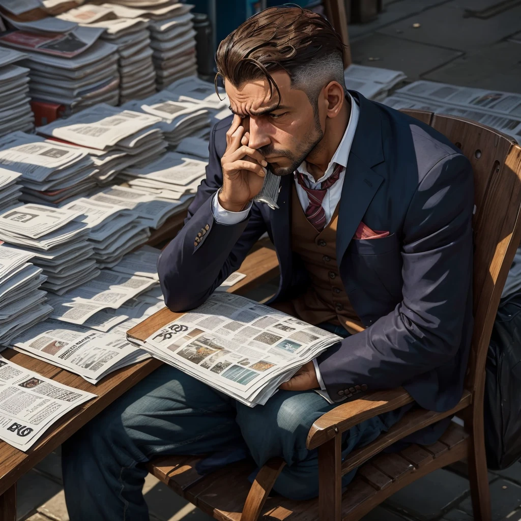 man sitting with his head down desperate with newspapers to pay