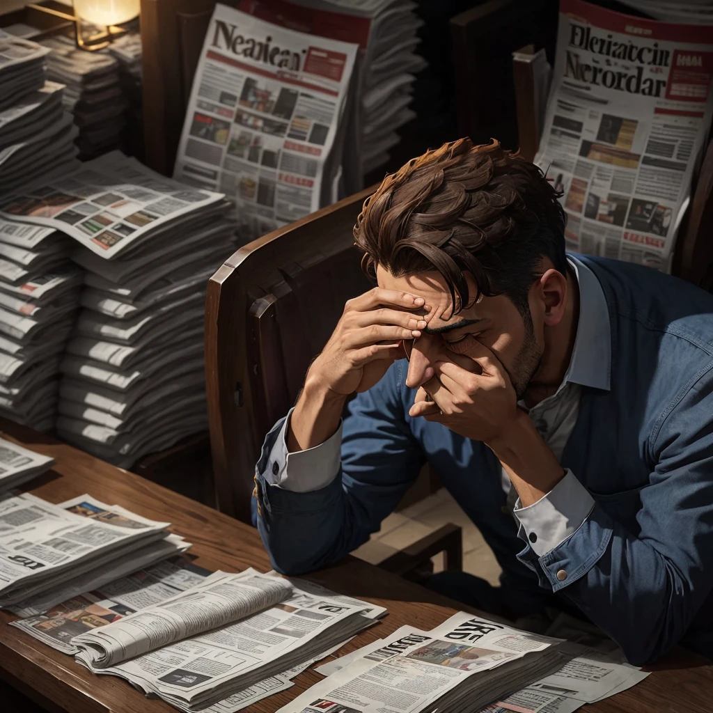 man sitting with his head down desperate with newspapers to pay