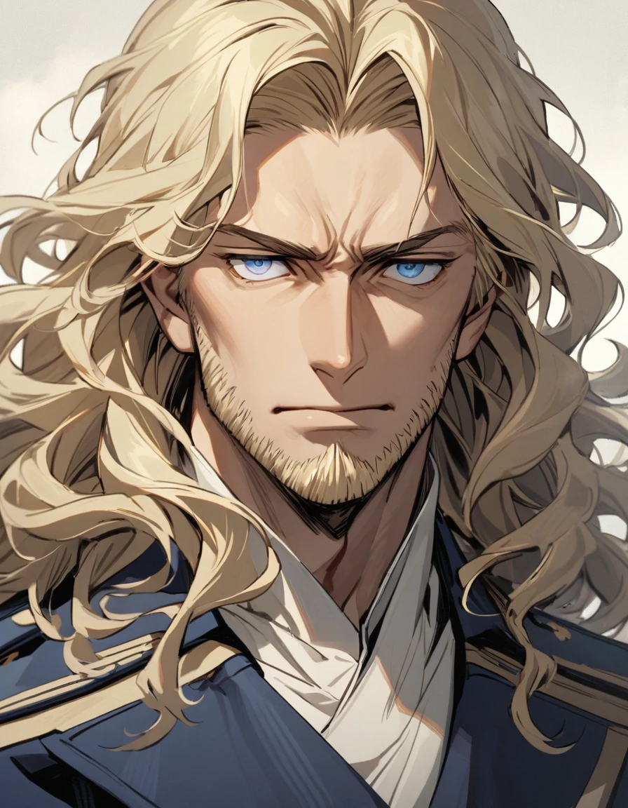 male, late 30s, blond, shoulder-length, middle-part wavy hair, light-purple, deep-set, Sanpaku eyes, slightly thick blond beard, aquiline and hooked nose, slightly underbite, chiseled, slightly long face, fearless expression, navy blue military wear, portrait