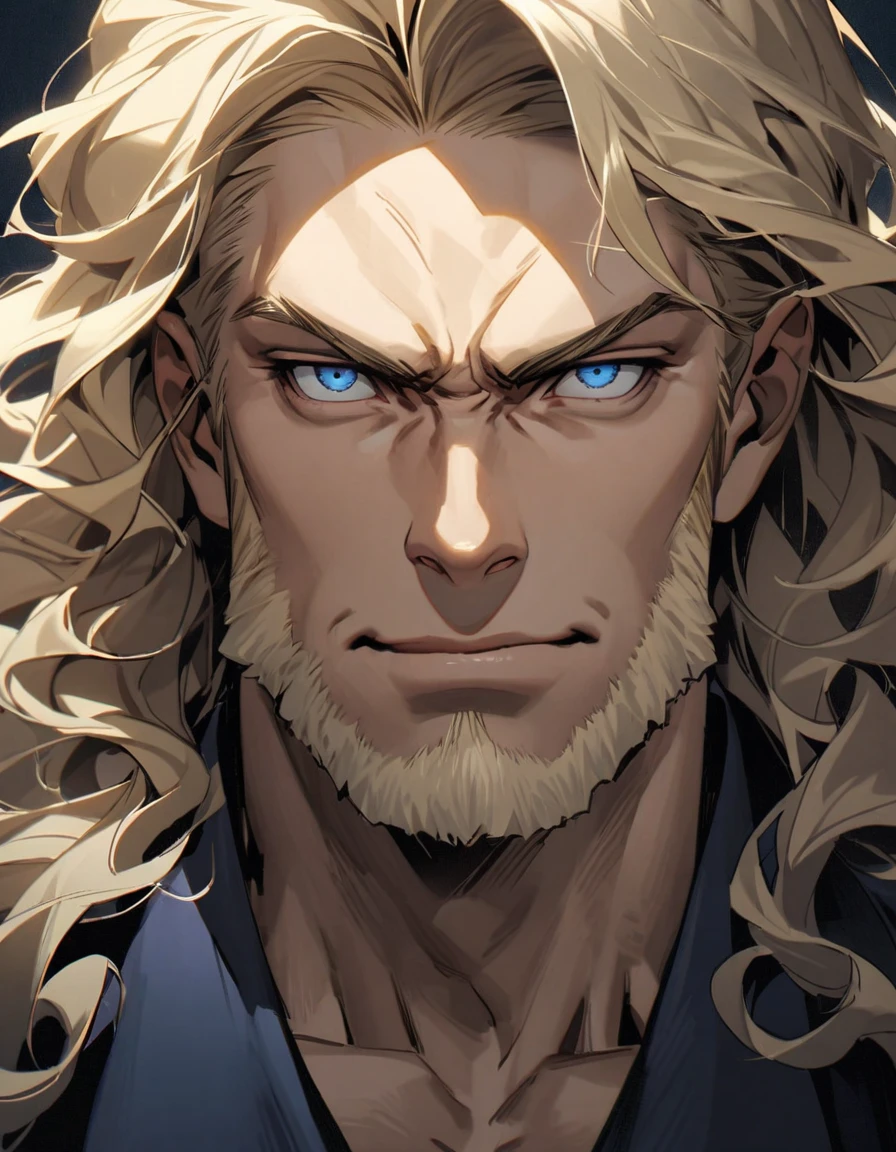 male, late 30s, blond, shoulder-length, middle-part wavy hair, light-purple, deep-set, Sanpaku eyes, slightly thick blond beard, aquiline and hooked nose, slightly underbite, chiseled, slightly long face, fearless expression, navy blue military wear, portrait