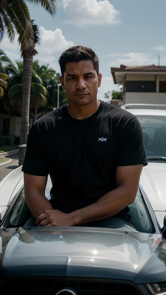 RAW photo, (male focus), a closeup portrait photograph of model man, muscle man, sharp jawline, very short hair, brown hair, standing outside, car in background, posing, smiling face, black t-shirt, denim broken jeans, with a smirk 8k uhd, dslr, soft lighting, high quality, film grain, Fujifilm XT3
