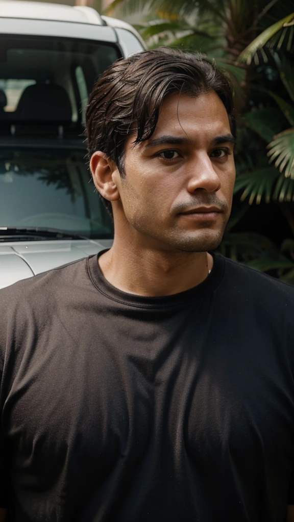 Profile photo of an ordinary man in front of a car that costs 150.000 reais