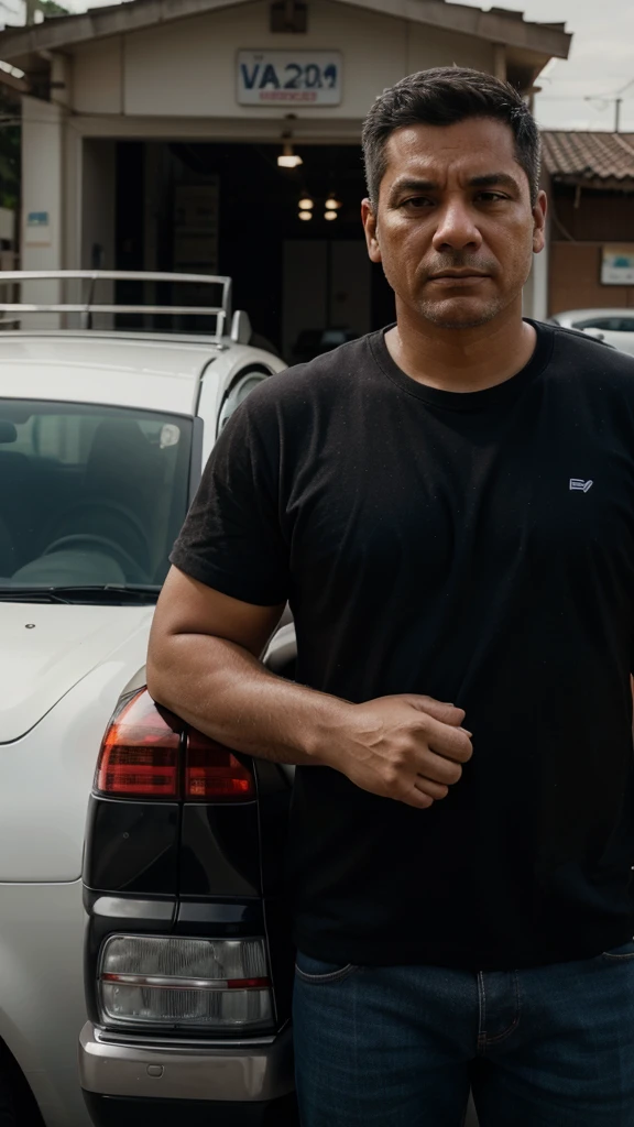 Profile photo of an ordinary man in front of a car that costs 150.000 reais 