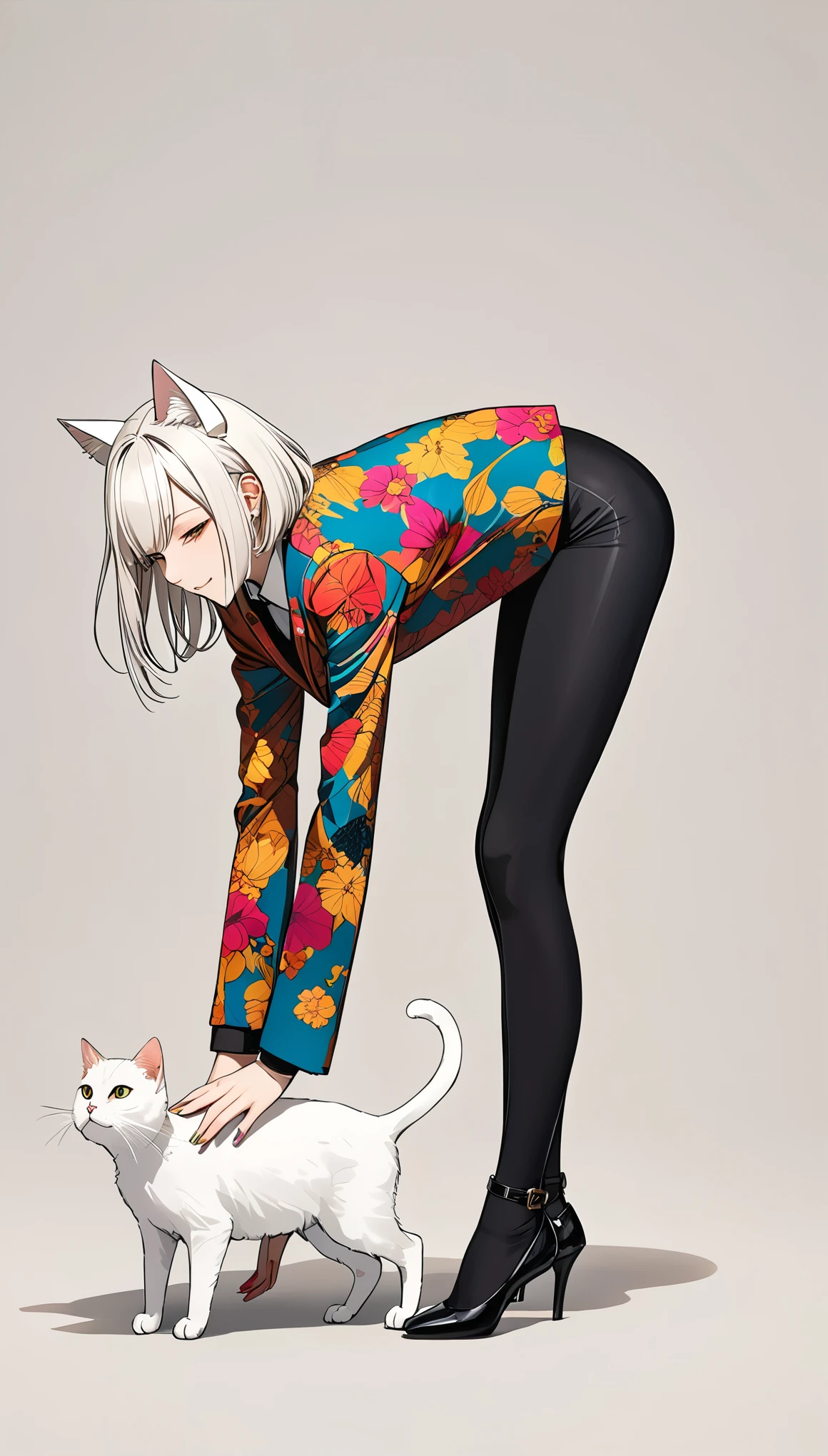 style of santiago caruso,
1 Girl,Short white hair,White cat ears,White cat tail,tilt_forward,Solid color background,(Standing:1.8),Smile,Press your hands,Black_leggings,There are no human ears,Colorful printed suit,