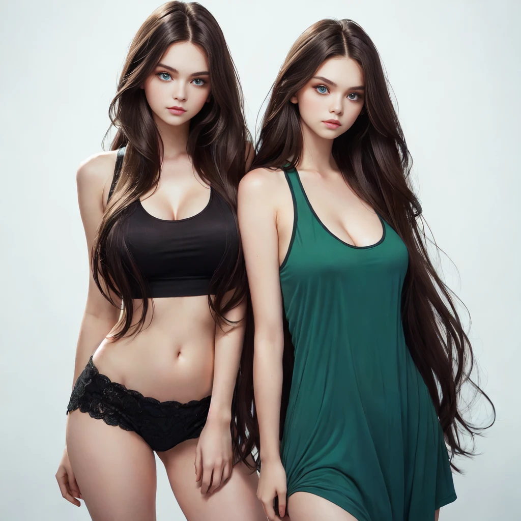 Woman showing cleavage with long hair and a tank top posing for a picture,🤤 girl portrait, inspired by Louisa Matthíasdóttir, dark brown hair and large green-blue eyes, Anastasia Ovchinnikova, large eyes and flowing long hair, Anna Nikonova aka newmilky