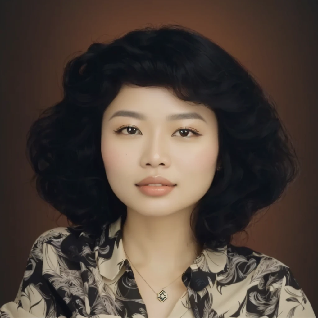 portrait of Indonesian woman with wavy curly hair, 90's style, wearing a black patterned shirt, wearing a pendant necklace, abstract background