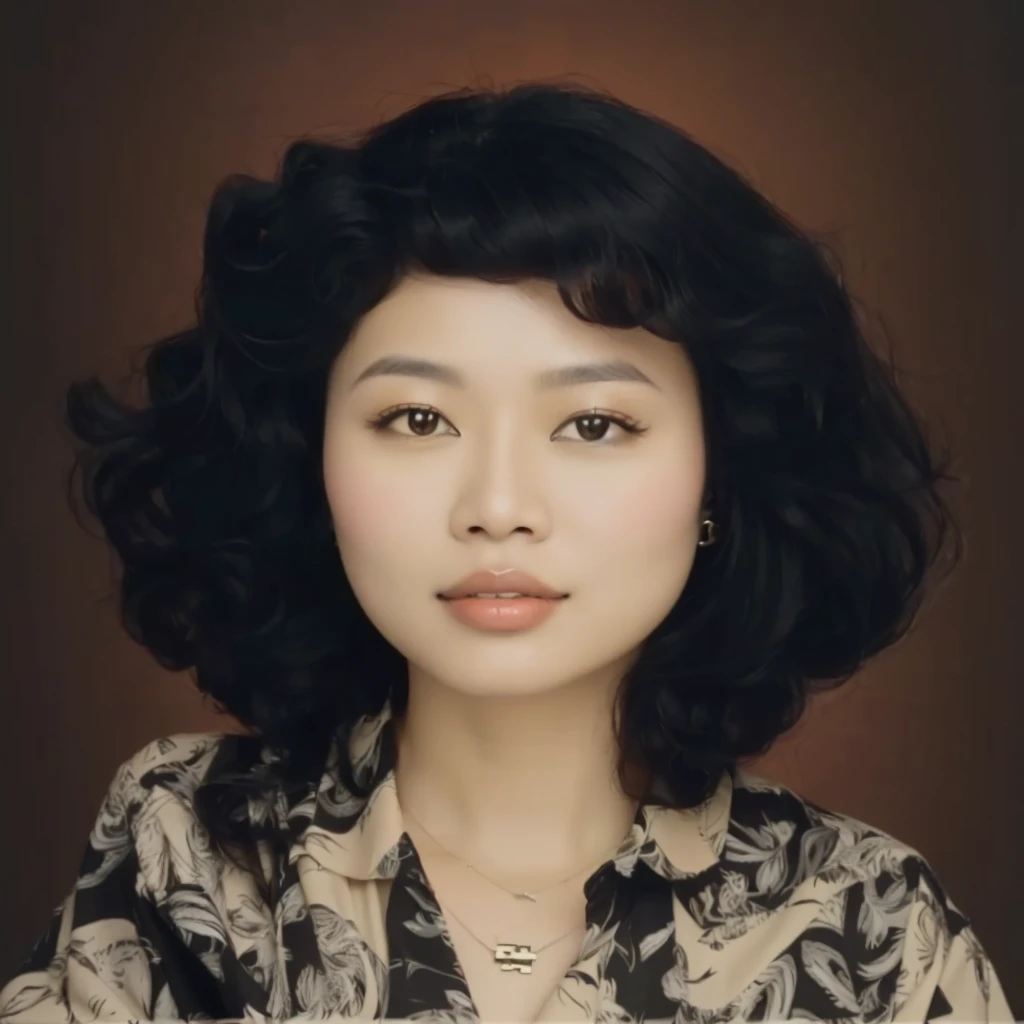 portrait of Indonesian woman with wavy curly hair, 90's style, wearing a black patterned shirt, wearing a pendant necklace, abstract background