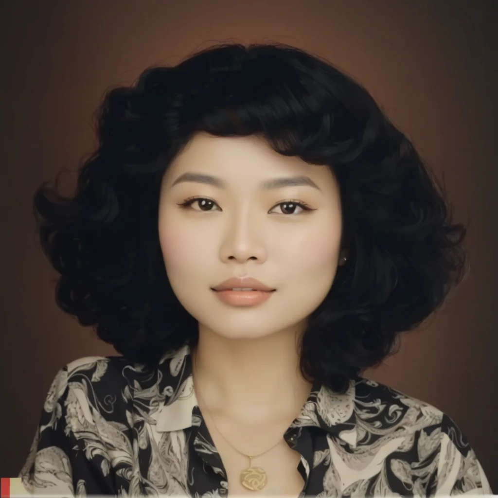 portrait of Indonesian woman with wavy curly hair, 90's style, wearing a black patterned shirt, wearing a pendant necklace, abstract background