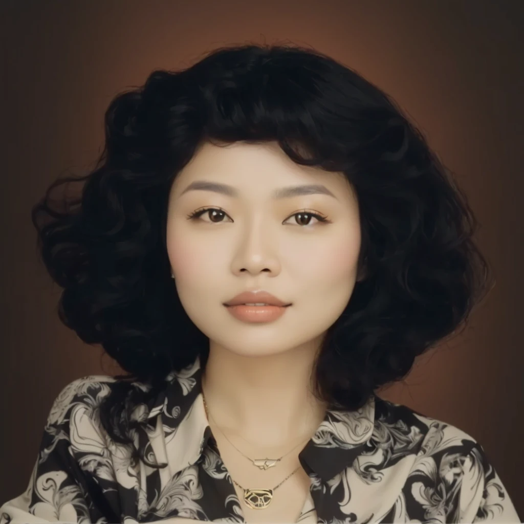 portrait of Indonesian woman with wavy curly hair, 90's style, wearing a black patterned shirt, wearing a pendant necklace, abstract background