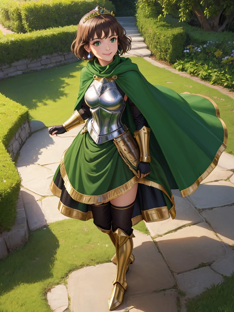 masterpiece, best quality:1.2), 1girl, smile, looking at viewer, green eyes, short brown hair, princess, armor, , pauldrons, armored dress, green cloak cape, wearing puffy blue ballgown skirt, golden tiara with green gem, armored boots, fingerless gloves, standing in medieval garden