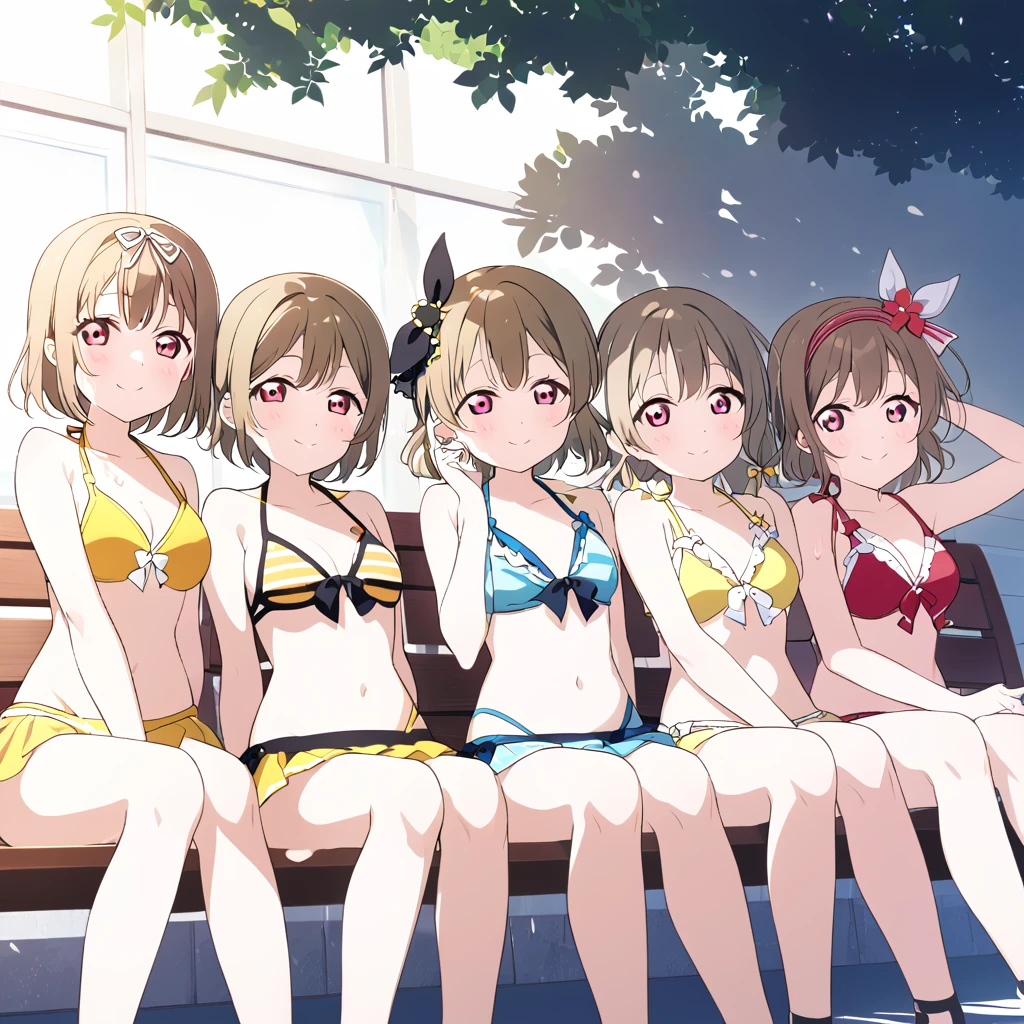 Kasumi Nakasu　Yellow-brown hair　Very Short Hair　Straight Hair　Head ribbon　Red Eye　Yellow Bikini　Beach　Drink a drink　Strong sunlight　sun　Sweaty　LoveLive　Nijigasaki Gakuen School Idol Club　smile　Sit on a bench