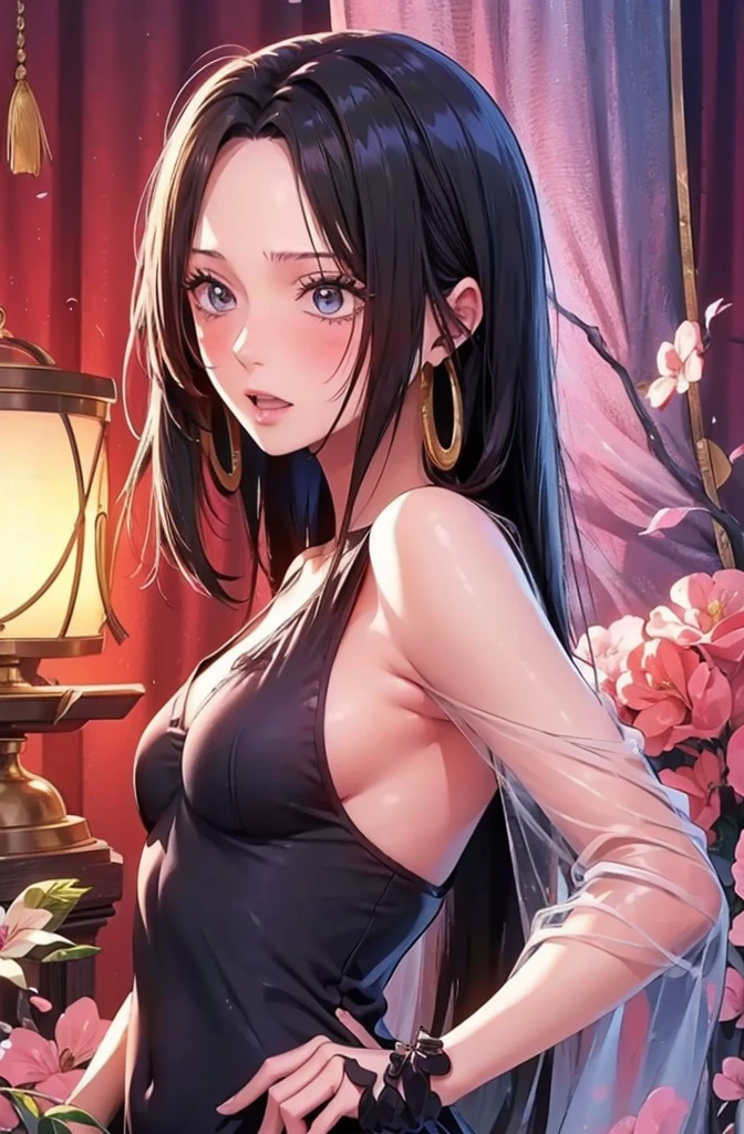 (((masterpiece))), (((best quality))), ((ultra-detailed)), (highly detailed CG illustration), Boa Hancock, , (masterpiece:1.5), Detailed Photo, Smiling, Sexy, (Best Quality: 1.4), (1girl), Beautiful Face, (Black Hair, long Hair: 1.3), Beautiful Hairstyle, beautiful detail eyes, (realistic skin), beautiful skin, absurd, attractive, ultra high resolution, high definition, (sexually aroused:1.5), Pinkish white skin, cool white light, sexy pose, Beautiful , white background, pink soft white light, Wear a white dress