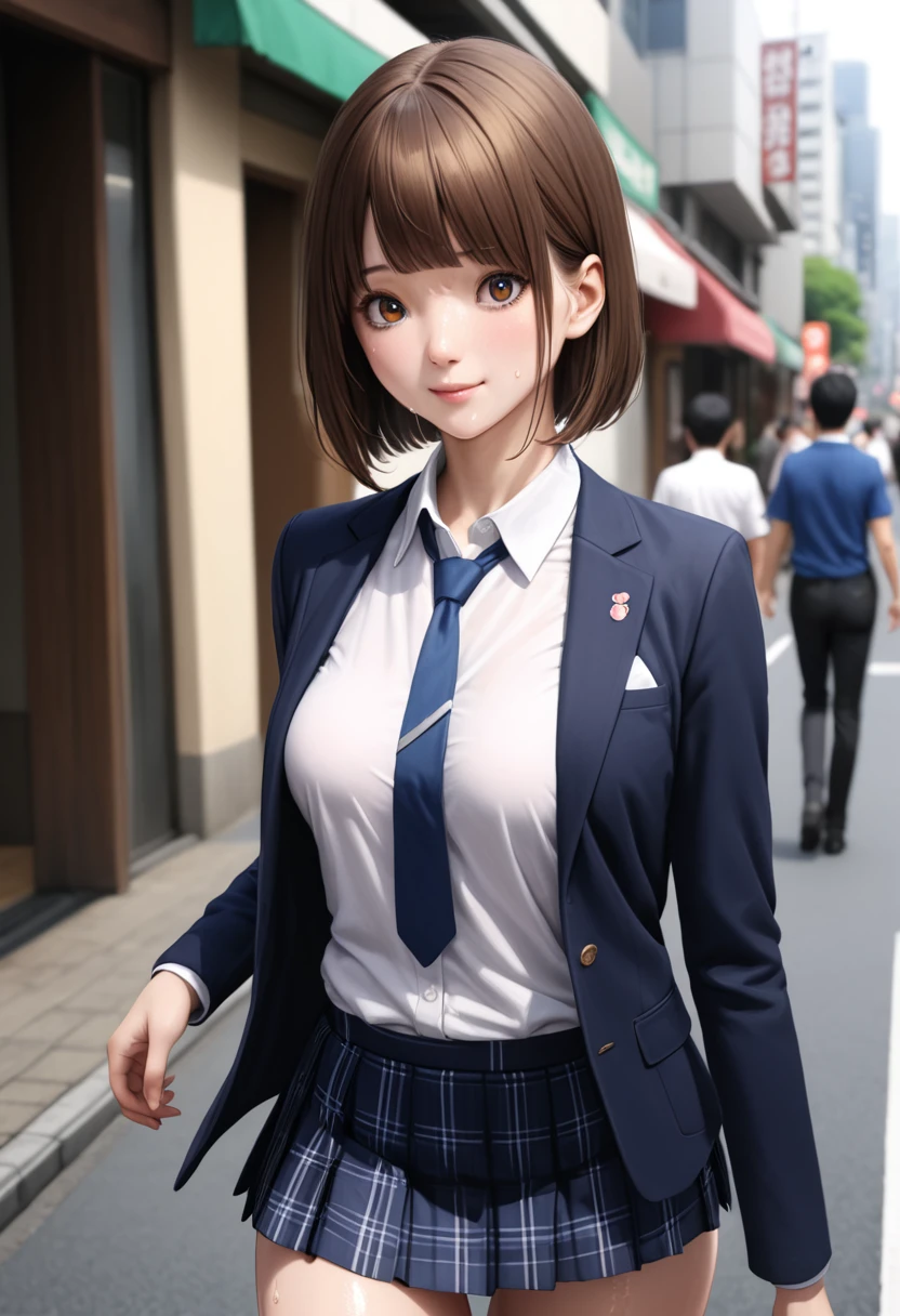 (realistic:1.5,masterpiece,Highest quality:1.3,best quality illustration),cowboy shot,1woman,20 year old Japanese beauty,very small head,(short bob brown hair),bangs,brown eyes,gorgeous eyes,blush,smile,.medium breasts,((very long body:1.3)),toned body,slender body,skinny:1.3,(School uniform、Dark blue blazer jacket、White shirt、Navy blue tie、Dark blue plaid pleated mini skirt),gleaming skin,shiny skin,sweat,standing,on street、Tokyo,