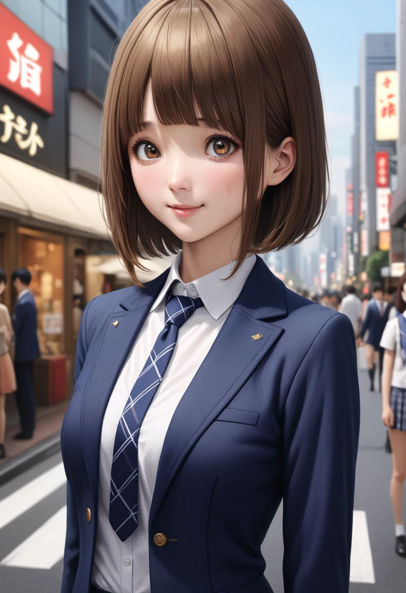 (realistic:1.5,masterpiece,Highest quality:1.3,best quality illustration),cowboy shot,1woman,20 year old Japanese beauty,very small head,(short bob brown hair),bangs,brown eyes,gorgeous eyes,blush,smile,.medium breasts,((very long body:1.3)),toned body,slender body,skinny:1.3,(School uniform、Dark blue blazer jacket、White shirt、Navy blue tie、Dark blue plaid pleated mini skirt),gleaming skin,shiny skin,sweat,standing,on street、Tokyo,