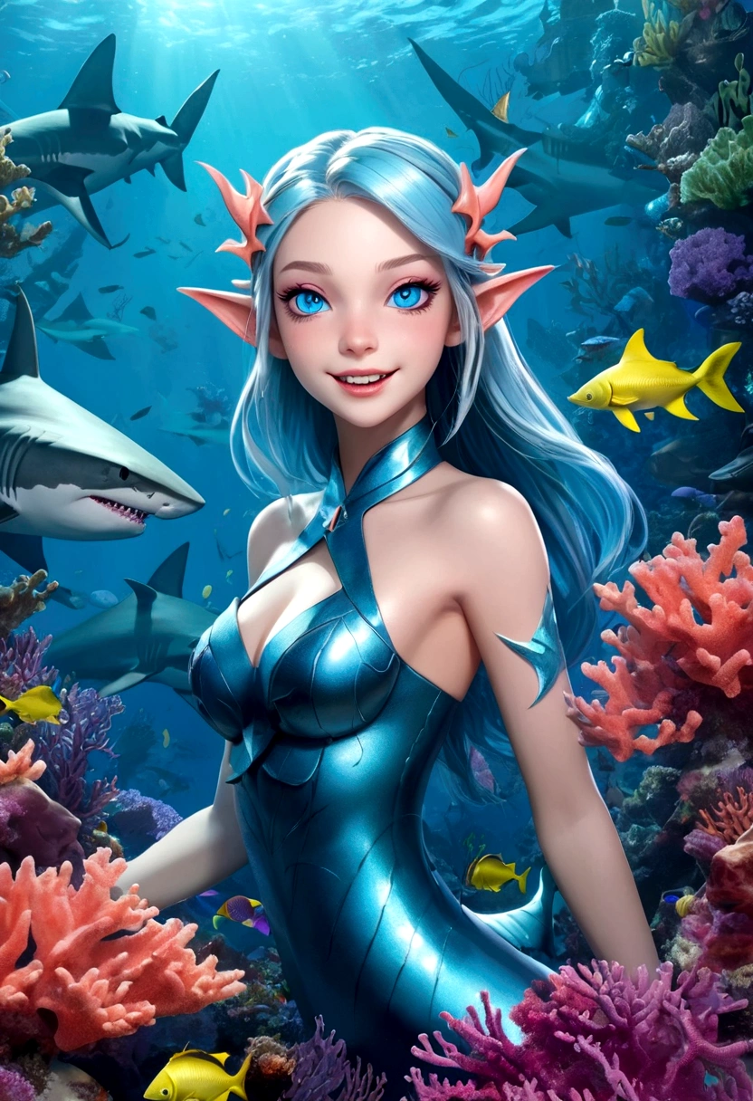 Fantasy Undersea,Shark elf girl has a shark-like appearance,blue eyes,Sharp fangs,Squamous skin, Shark fin feature on back,Perfect proportion, Beautiful Body,View from behind,,Floating in seaweed underwater fantasy scene, coral, And tropical fish, Detailed and realistic 3D rendering, light, Bright colors, Concept art style