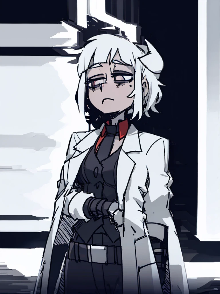 A handsome girl，Short hair，Lacrimal nevus，Look up，Cape，Dark circles under eyes，Black hair，Tie, Dress，Light and shadow