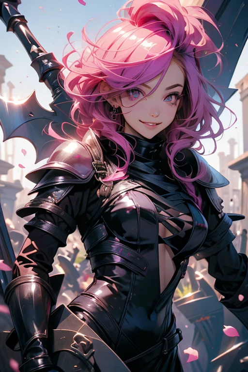 A pink haired reaper with violet eyes with an hourglass figure in leather armor is laying in a coffin with her scythe in a flurry of peony petals with a big smile in a cemetery
