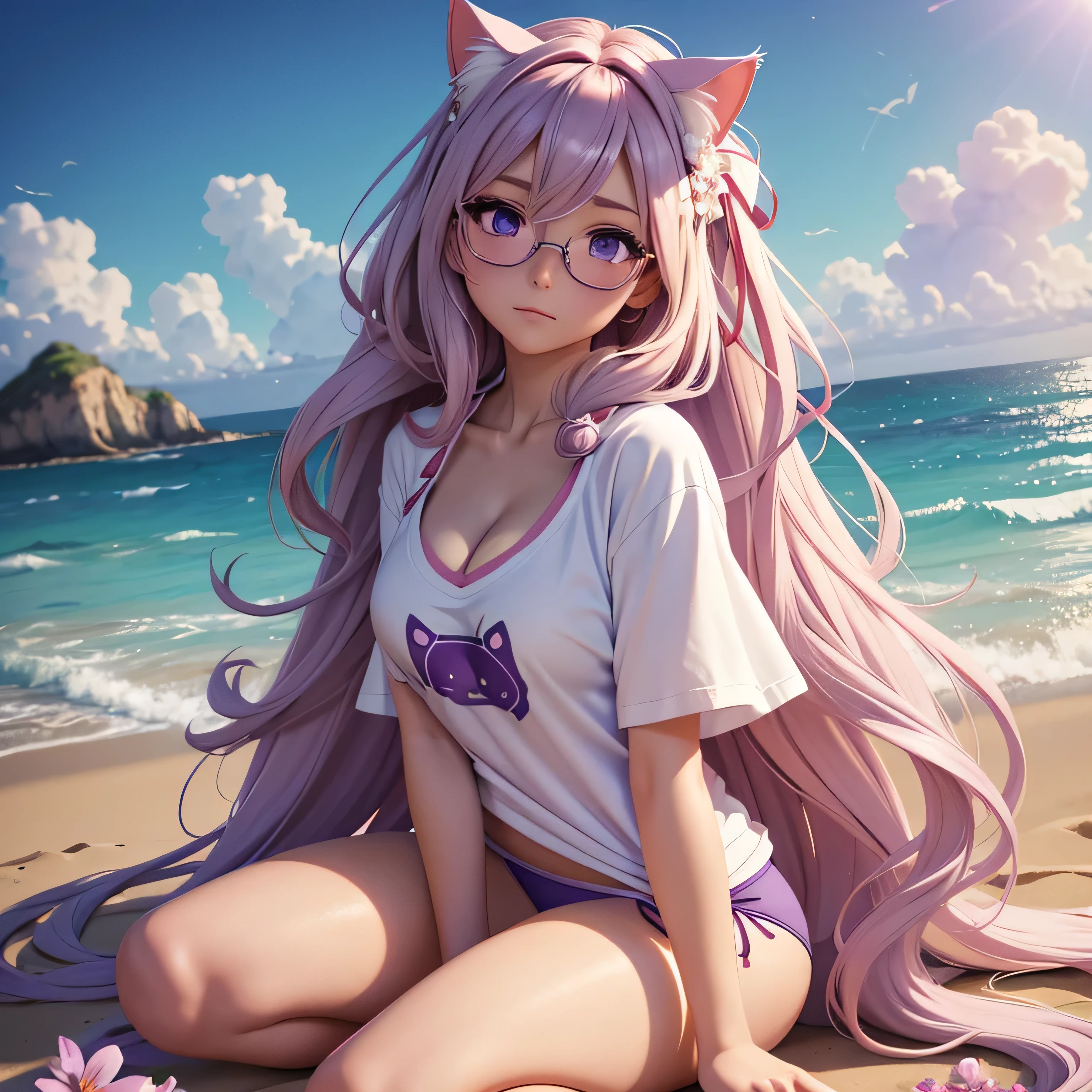 anime woman, white long hair, ribbons, flower in hair, blushing, purple eyes, cat ears, 8k, high res, 1 woman, good lighting, fine detail, (masterpiece), perfect face, best quality, looking at viewer, sitting, cleavage, expressive face, ocean beach, full body, panties, oversized t-shirt, glasses