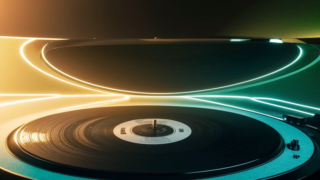 Poster Style，Green frosted background，Vinyl record combined with clock，The record is in the center of the screen.，Front view of the record，Half vinyl record, half clock，Reflecting the sense of time and space，Golden text effect for English title on the right，There is a halo of light around the record similar to a black hole，Extremely high definition picture quality，quality，Real texture，No sense of space