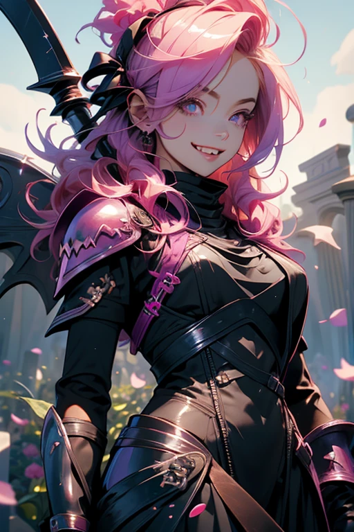 A pink haired reaper with violet eyes with an hourglass figure in leather armor is laying in a coffin with her scythe in a flurry of peony petals with a big smile in a cemetery