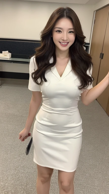 ((top-quality、masutepiece、8K、Top image quality、Hyper-Realism， full body)) The Biggest Smile、white big teeth、korean idol makeup、long eyelashes、View me、smile your best smile, Bright lighting, hyper realistic, photoreal, business wear, perfect make up, travel,  romantic big curl