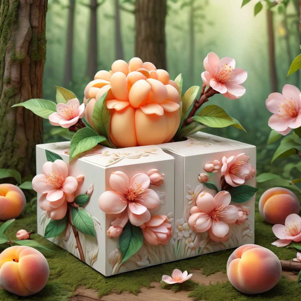 Tissue box made of peach blossoms,in the forest,The plants are luxuriant，[illustration, 3d rendering],[best quality, high resolution, Extremely detailed],[professional, Bright colors, Clear focus],[Concept Artist, Interesting and fun],[Multi-color tones, Vibrant and eye-catching],[Soft lighting, Highlight the shape and texture of the tissue box]