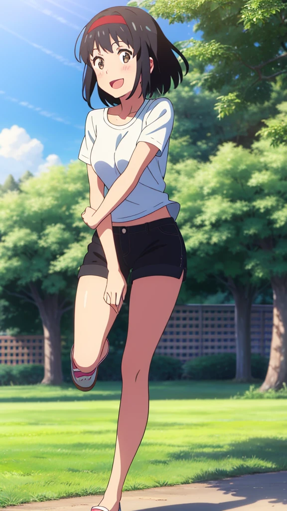shinkai makoto, kimi no na wa., 1girl, bangs, black hair, blush, bright eyes, brown eyes, looking at the viewer, red headband, casual clothes, white t-shirt, black shorts, short hair, medium breasts, solo, day, outdoors, shinny skin, smile, happy, :D, blue_sky, sunlight, summer_season, scenery park, wind, tree