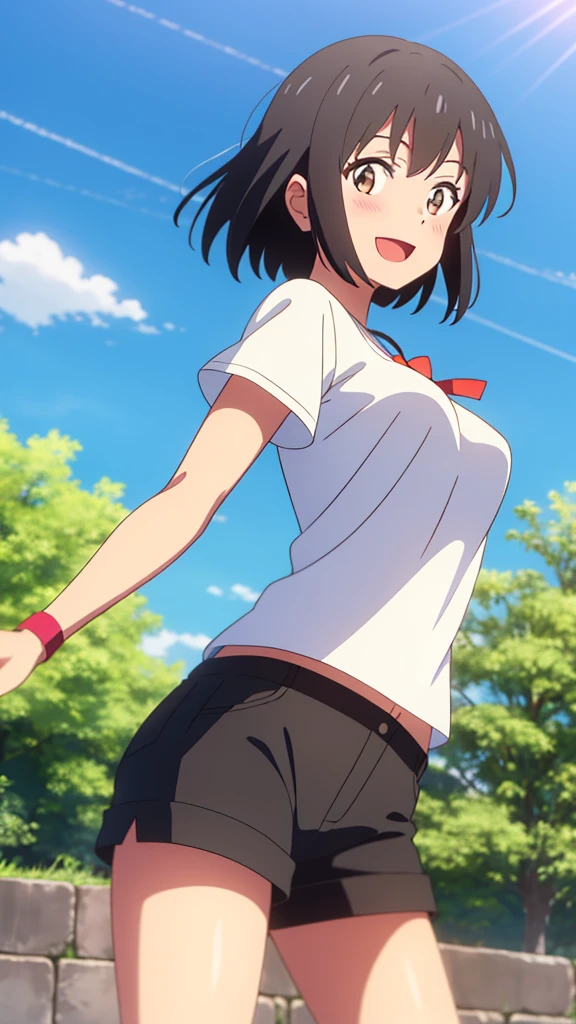 shinkai makoto, kimi no na wa., 1girl, bangs, black hair, blush, bright eyes, brown eyes, looking at the viewer, red headband, casual clothes, white t-shirt, black shorts, short hair, medium breasts, solo, day, outdoors, shinny skin, smile, happy, :D, blue_sky, sunlight, summer_season, scenery park, wind, tree