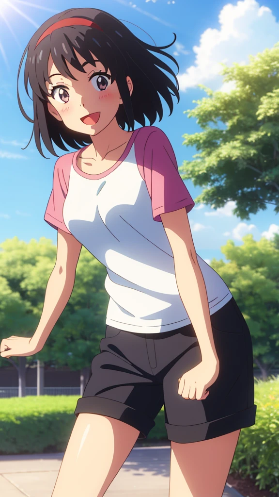 shinkai makoto, kimi no na wa., 1girl, bangs, black hair, blush, bright eyes, brown eyes, looking at the viewer, red headband, casual clothes, white t-shirt, black shorts, short hair, medium breasts, solo, day, outdoors, shinny skin, smile, happy, :D, blue_sky, sunlight, summer_season, scenery park, wind, tree