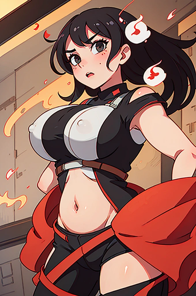 a cartoon of a woman, thick, (sfw) In a room, she has a round and fat belly, with big breasts, thick build, Oppai proportions, , sona is slim, oc commission, Oppai, breasts big!!, breasts big! huge boobies, muscular and strong body, Black and white clothing, with red details, short cut hair, red and black hair, with more black and only red in details. Seductive and angry expression, without being intimidated
