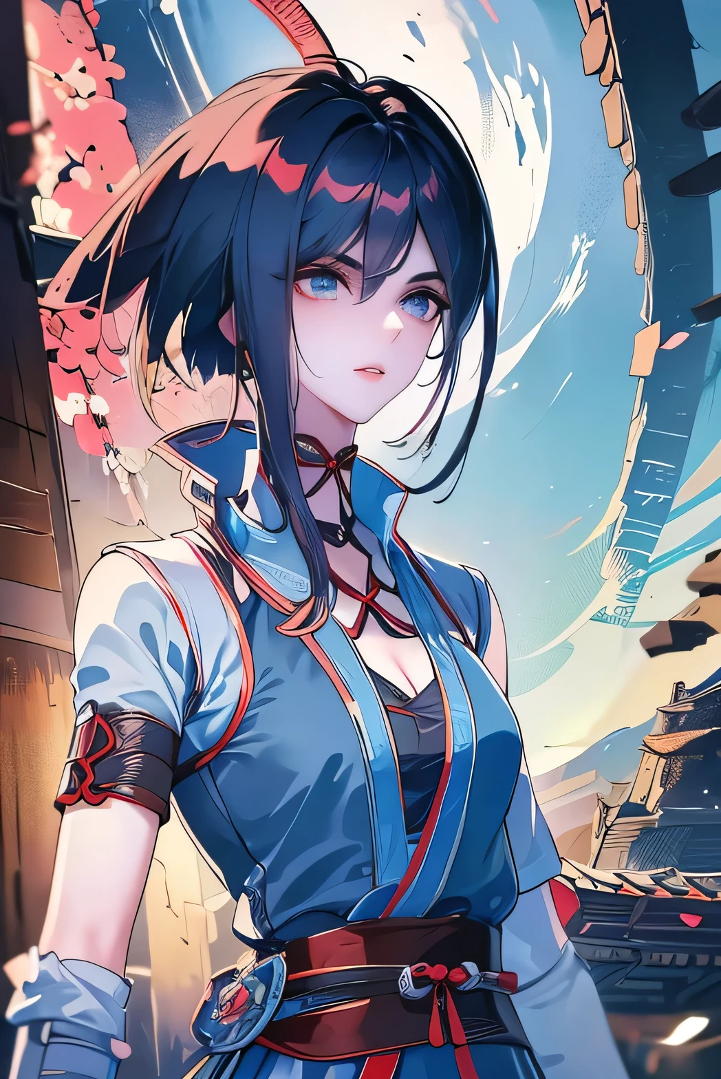 Masterpiece, Best quality, 1 Ji Ruxue, the expression is cold, strong, blue eyes, short hair, wolfcut hairstyle, smoky mix blue color hair, resolute eyes, red lips, simple Taoist Taoist uniform, Chinese mix morden, frontal photo, black or white background, simple background, anime, illustration, Chinese style short-sleeved shirt, cool girl, Full body frontal photo, full HD