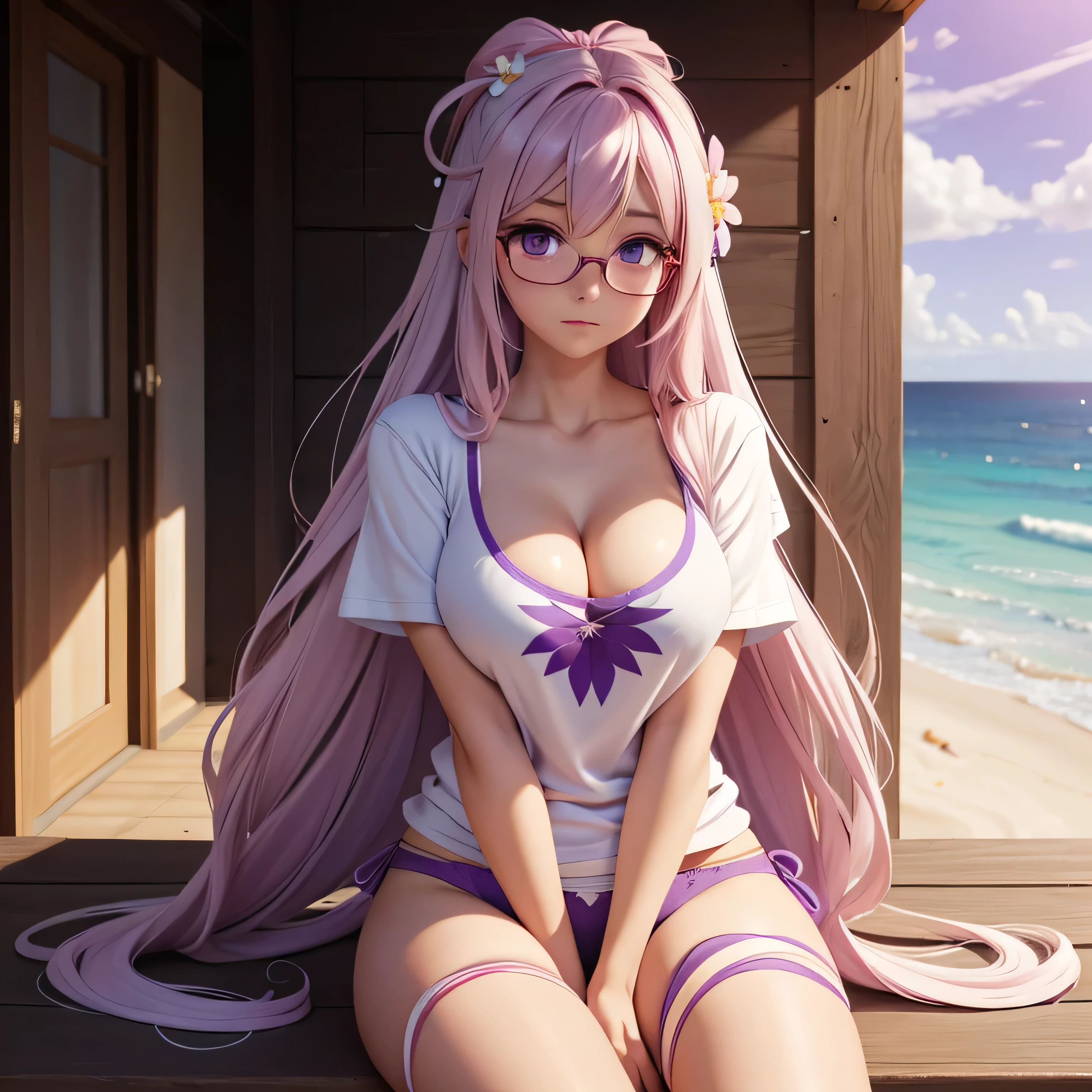 anime woman, white long hair, ribbons, flower in hair, blushing, purple eyes, 8k, high res, 1 woman, good lighting, fine detail, (masterpiece), perfect face, best quality, looking at viewer, sitting, cleavage, expressive face, ocean beach, full body, panties, oversized t-shirt, glasses