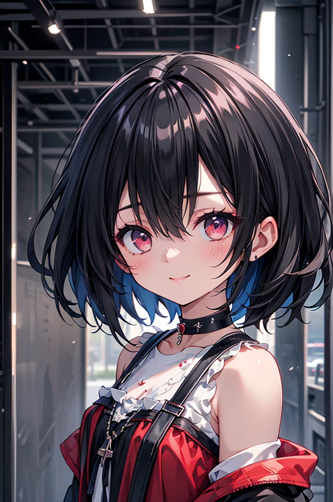(masterpiece, highest quality, highest quality, (No text), Beautiful and aesthetic:1.2),No text,アニメ、BREAK,One Girl,Black Hair Girl short hair older sister choker Tree Eyes Beautiful eyes Red eyes cool smile Red and Black Black jacket mini skirt whole body In town