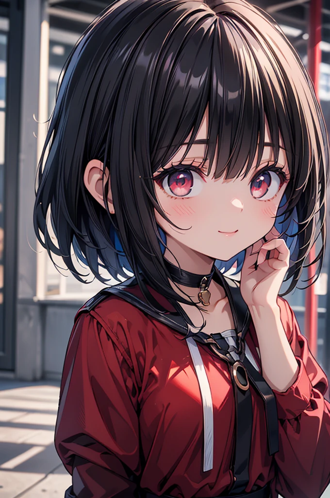 (8k, RAW Photos, Highest quality, masterpiece: 1.2), masterpiece, Super Detail,Best lighting, (Realistic and photorealistic photography: 1.4), High-resolution RAW color photos, Highly detailed mouth,1 young cute girl, Exposing the abdomen,Background Blur, blush, Depth of written boundary, Hair between the eyes,short hair,(red inner hair with yellow hairpin:1.2),(red eyes:1.3),(Oily skin:1.1), Embarrassed,(grin:1.2),Black Hair,in the messy Restroom,glitter skin,short,young,,medium breasts,Looking at viewer,black jacket,White red t shirt,Burberry chckered miniskirt,she is walking nearby us on the pavement and talk to us