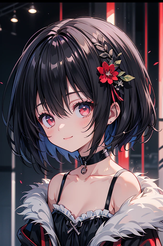 (masterpiece, highest quality, highest quality, (No text), Beautiful and aesthetic:1.2),No text,アニメ、BREAK,One Girl,Black Hair Girl short hair older sister choker Tree Eyes Beautiful eyes Red eyes cool smile Red and Black Black jacket mini skirt whole body In town