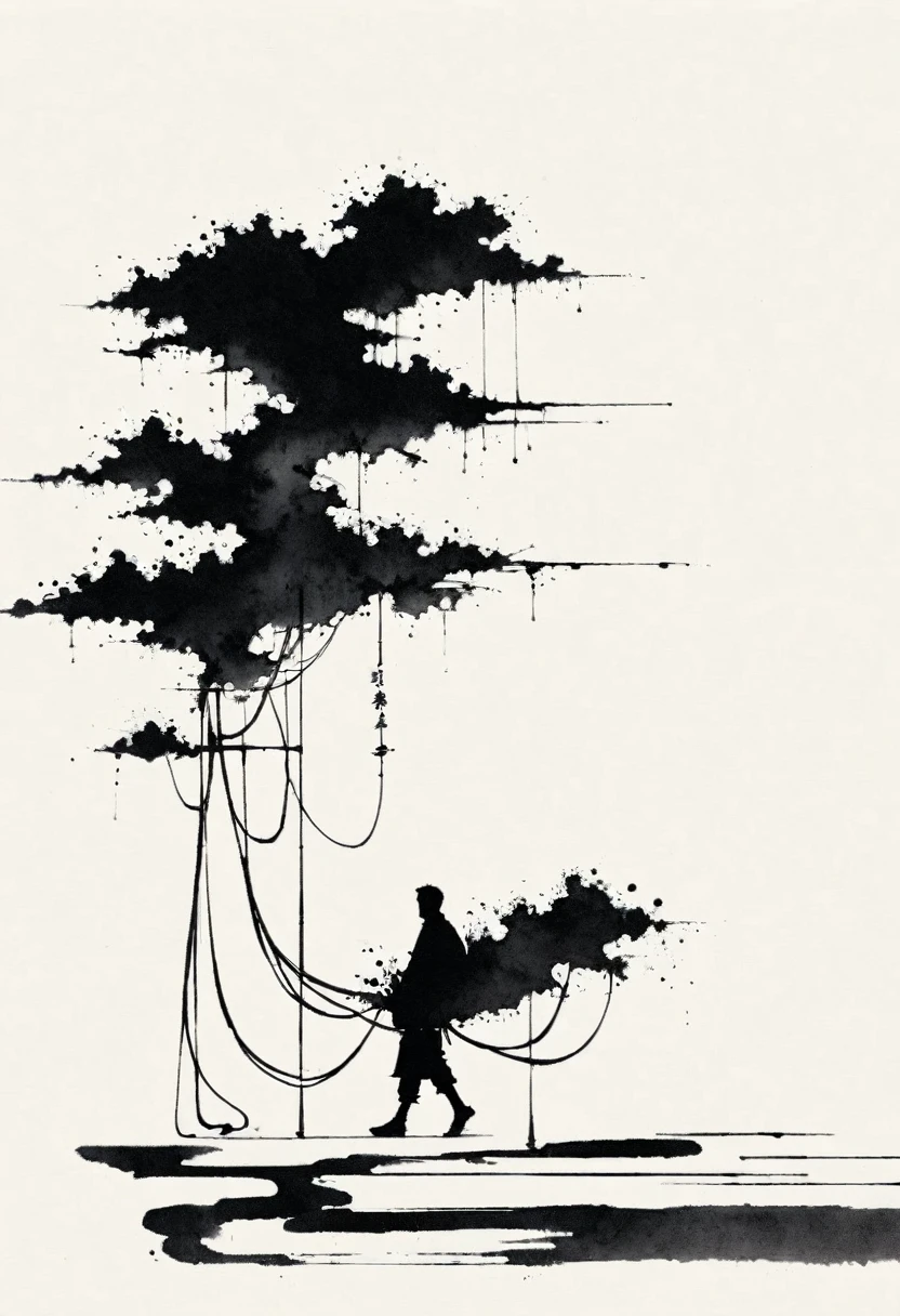 中国Ink Painting, Gray and White, Minimum, Wire, White background,The Trail, Minimalism, Wire性风格, Huge negative space, Ink Painting, Abstract,Residual Yang,solitary Man