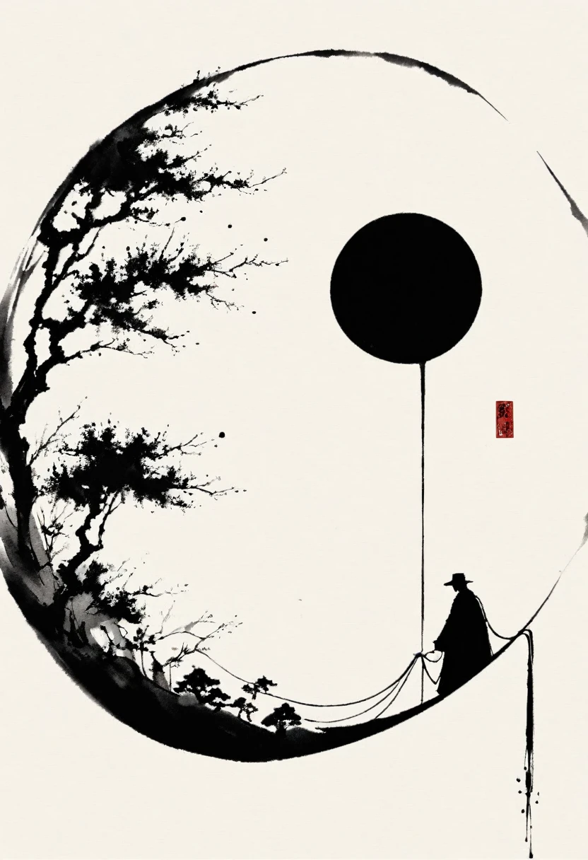 中国Ink Painting, Gray and White, Minimum, Wire, White background,The Trail, Minimalism, Wire性风格, Huge negative space, Ink Painting, Abstract，Residual Yang，solitary Man