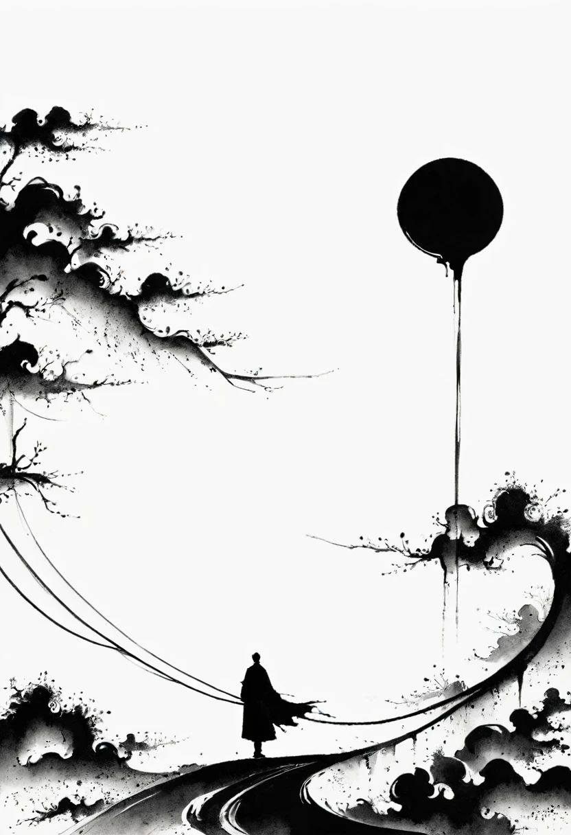 中国Ink Painting, Gray and White, Minimum, Wire, White background,The Trail, Minimalism, Wire性风格, Huge negative space, Ink Painting, Abstract，Residual Yang，solitary Man