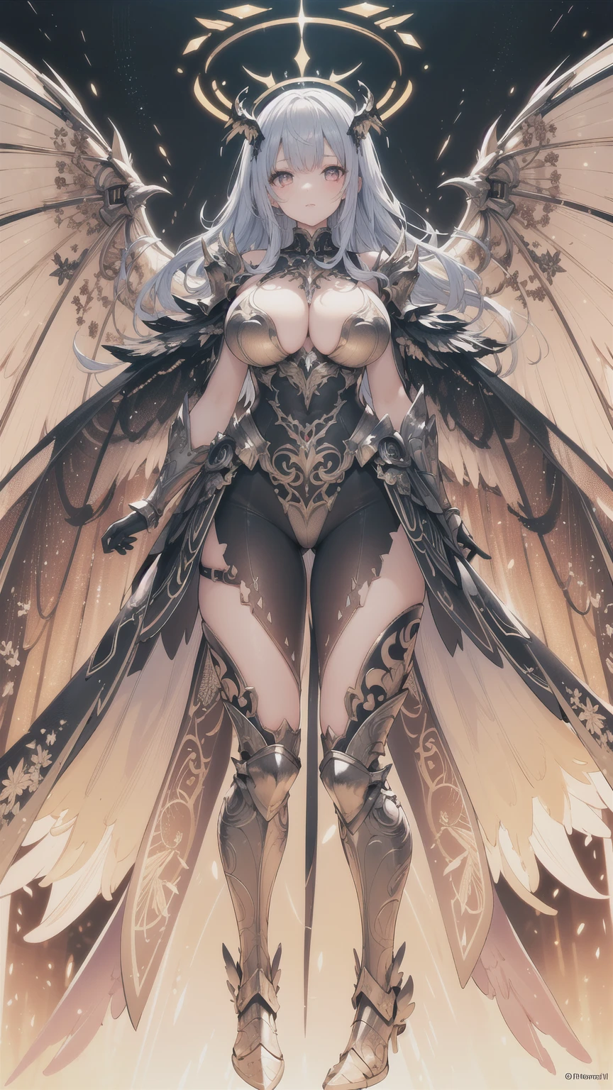 (best quality, masterpiece, colorful, dynamic angle, from below, highest detailed)upper body photo,full body photo,fashion photography of cute mechangel,glowing 4 wings,solo,glowing armor,glowing halo,building,glowing mechanical 4 wings (intricate details, hyperdetailed:1.15),detailed,light passing through hair,(official art, extreme detailed, highest detailed),HDR+, colour full
