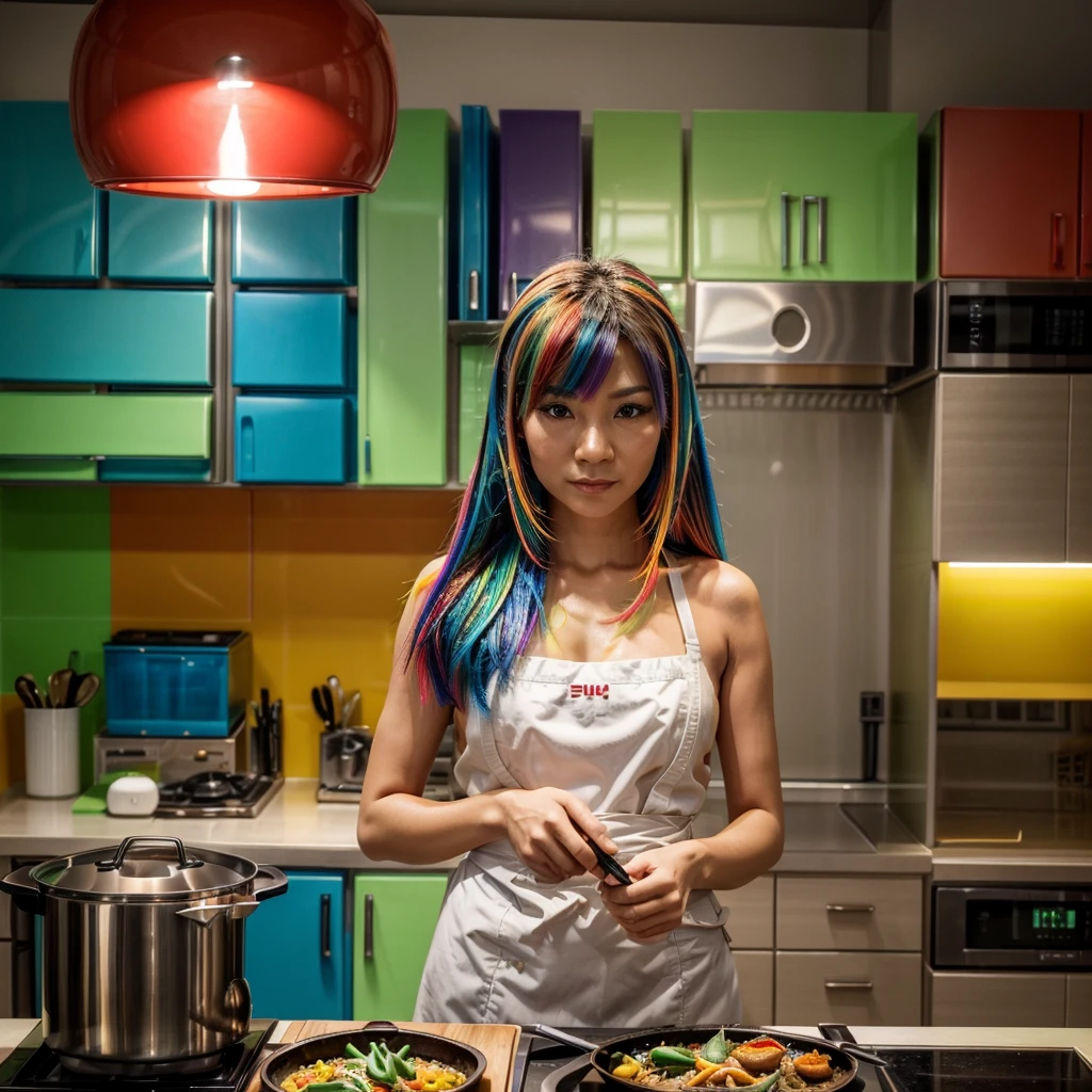 [[((a vibrant, colorful Asian dish prepared in a stylish, modern kitchen:1.6)), placed in the center of the shot, with an attractive young Asian woman cooking in the background. She is dressed in fashionable, practical cooking attire that complements her vibrant surroundings:1.4)). The background features a sleek, upscale kitchen environment. The scene is captured with a ((full-frame DSLR:1.4)) using a ((50mm prime lens:1.4)) to keep the dish in sharp focus and the woman slightly in the background, both fitting well within the circular frame. Professional lighting enhances the dish's vibrant colors and presentation, adding a ((soft bokeh effect:1.3)) to the background. The image should be in ((8K resolution:1.5)) with ((hyper-realistic detail:1.6)). The focus is entirely on the colorful Asian dish, centrally placed, with the young woman’s stylish and confident presence in the background, highlighting the delicious and vibrant meal being prepared in a modern kitchen setting.]]