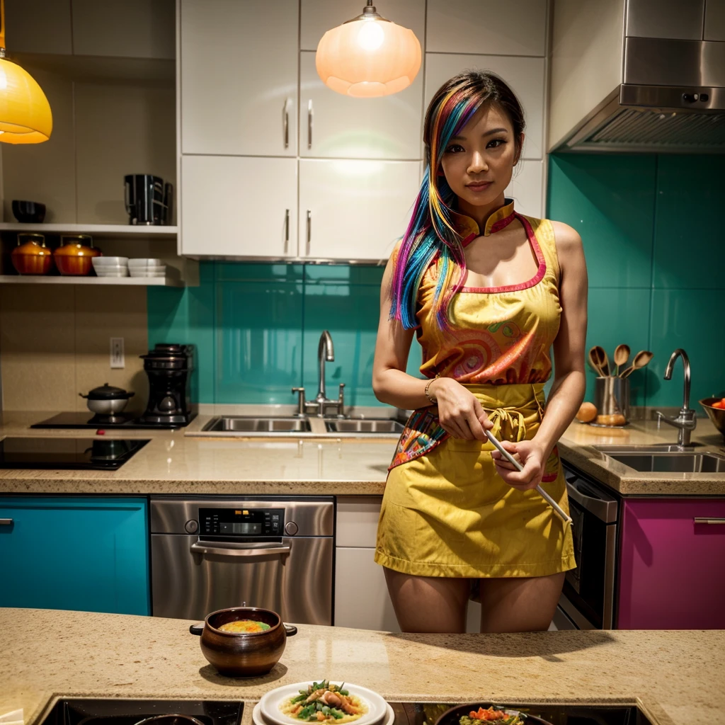 [[((a vibrant, colorful Asian dish prepared in a stylish, modern kitchen:1.6)), placed in the center of the shot, with an attractive young Asian woman cooking in the background. She is dressed in fashionable, practical cooking attire that complements her vibrant surroundings:1.4)). The background features a sleek, upscale kitchen environment. The scene is captured with a ((full-frame DSLR:1.4)) using a ((50mm prime lens:1.4)) to keep the dish in sharp focus and the woman slightly in the background, both fitting well within the circular frame. Professional lighting enhances the dish's vibrant colors and presentation, adding a ((soft bokeh effect:1.3)) to the background. The image should be in ((8K resolution:1.5)) with ((hyper-realistic detail:1.6)). The focus is entirely on the colorful Asian dish, centrally placed, with the young woman’s stylish and confident presence in the background, highlighting the delicious and vibrant meal being prepared in a modern kitchen setting.]]